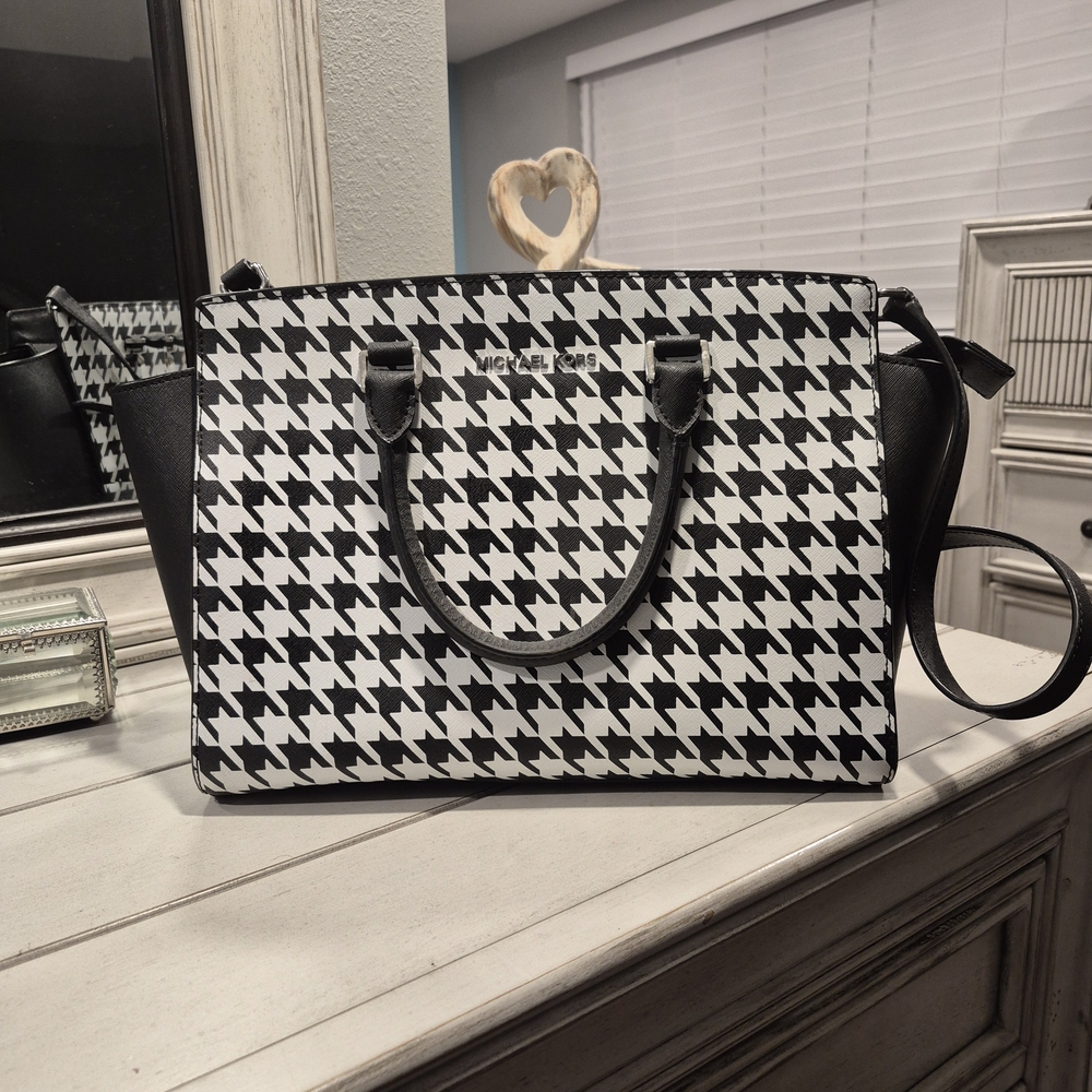 Michael Kors Black and White Houndstooth Satchel
